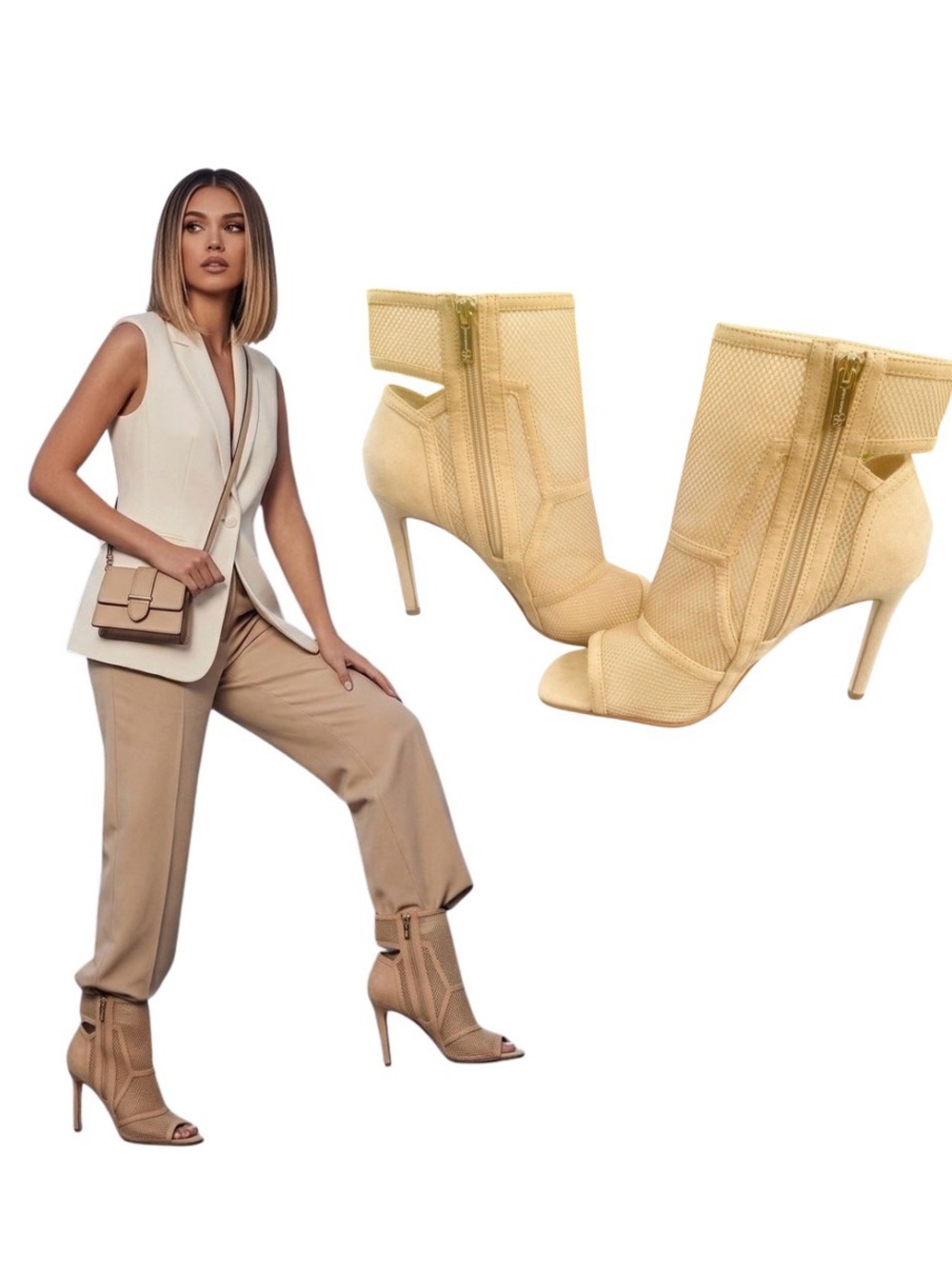 Jessica Simpson Jassie Mesh Peep Toe Booties Beige/Tan Size 8.5 NWOT